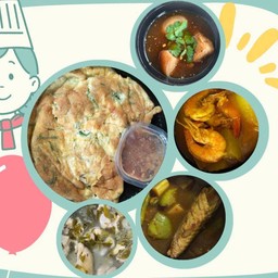 ข้าวไข่เจียวชะอม(ไข่2ฟอง)+น้ำพริกกะปิ(ไม่ผัก)+แกง(ถ้วยเล็ก)