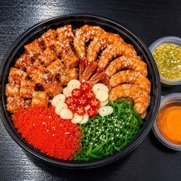 ข้าวหน้ากุ้งอบซอสเทอริยากิ+แซลมอนหั่นเต๋าอบเทอริยากิ