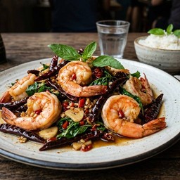 กะเพราพริกแห้งกุ้ง(กับข้าว)