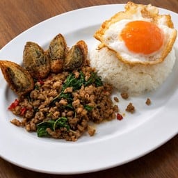 กะเพราไข่เยี่ยวม้าหมูสับ ราดข้าว - ไม่มีไข่ดาว