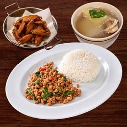 [เซตสุดฮิต] กะเพราหมูคั่วแห้ง ราดข้าว ฟรี น้ำซุป ไม่มีไข่ดาว + ปีกไก่กลางทอด เกลือญี่ปุ่น + ขาเป็ดตุ๋นฟักมะนาวดอง