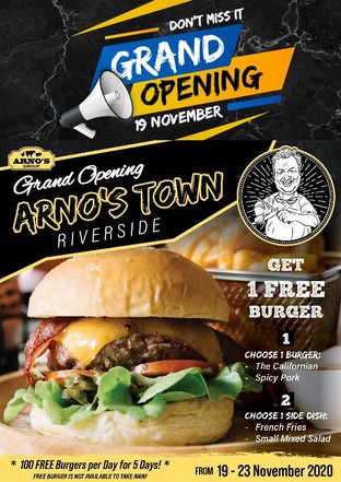 Grand OpeningArno's Town

At Arno’s, we are pleased to announcethe launch on November 19, of our new venturecalled Arno's TownRegrouping all our landmark brands in one place.Arno's Steak, Arno's Burger,ArnoThai, Arno's Seafood, Arno's Pizza,Arno's Bread, and Bakery

Let's celebrate togetherWe are giving away 1 Free BurgerFor 100 Burgers per Day for 5 Days!
Choose 1 Burger: The Californian / Spicy Pork
Choose 1 Side dish: French Fries / Mixed Salad

Start from Thursday 19th November 2020Until Monday 23rd November 2020During our operation time 11.00-23.00 hrs.
at Arno's Town - Riverside, Phra Athit Road
Location: https://goo.gl/maps/Xjy8bZwA3KwYhoMU7Tel: 02 108 0023-4
*** Free burger is no available to take away

We still have many more menu available
Please ask our staff 

#Arnos #ArnosGroup #ArnosTown #ArnosButcherandEatery
#Restaurant #FreeBurger #BestSteak #DryAgedBeef #Steak #Burger
#ร้านอาโนส์ #ดรายเอจ #อาโนส์ 
