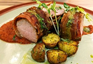 Pork filet rapped in bacon sous vide cooked with Fungara gypsy sauce
