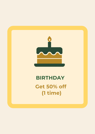 โปรโมชั่น Birthday Gift ลด 50 % เมื่อสั่งเมนูในหมวด bakery, option, เค้กปอนด์, beans, milk, Alternative menu signatures, Matcha, Non coffee, 7days a week, Dessert to drink, Basic Hot menu