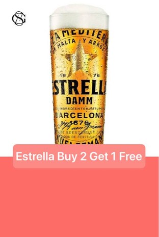 โปรโมชั่น Estrella Buy 2 Get 1 Free แถม Estrella Damm เมื่อสั่งเมนู  จำนวน 2 ที่