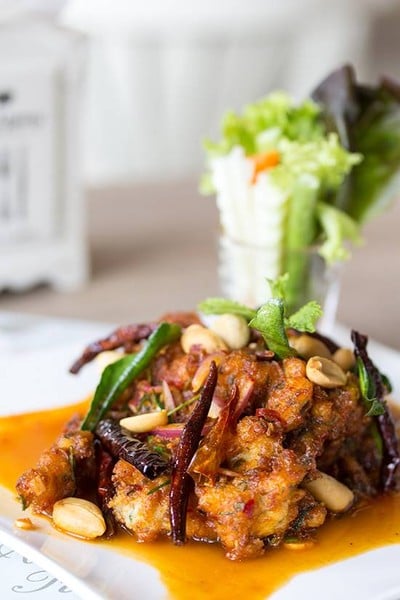 Deep Fried Shredded Sea Bass with Herbs in Thai Spicy Dressing