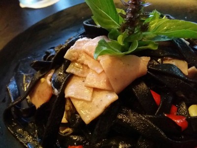 Spicy Squid Ink Fettuccine with Shrimp and Chorizo