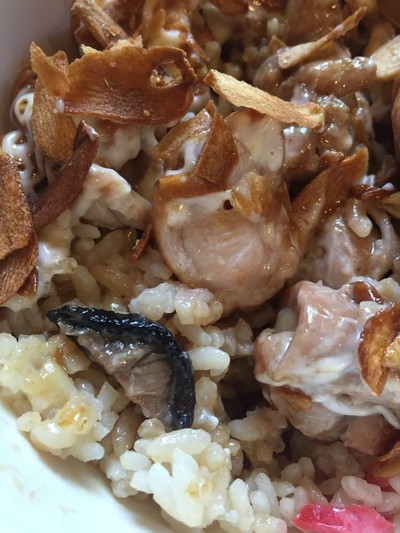 ข้าวหน้าอบไก่ย่างราดซอสมายองเนส โรยกระเทียม