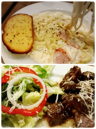 พาสต้าคาโบนาร่ากะสลัดเนื้อสัน