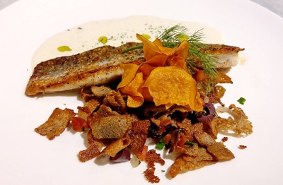 Mediterranean Sea Bass Filet, Crispy Crepes Pasta And White Sauce
