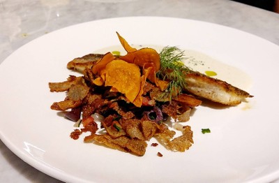 Mediterranean Sea Bass Filet, Crispy Crepes Pasta And White Sauce