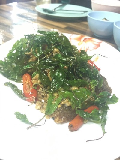 ไข่เยี่ยวม้ากระเพรากรอบ