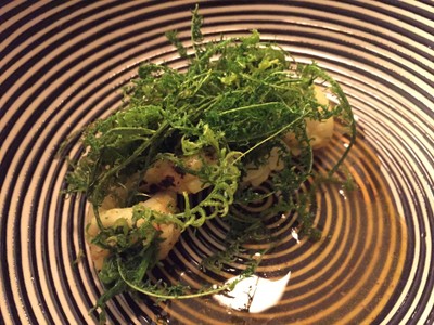 Grilled squid, filled with cha-om coriander, passionfruit