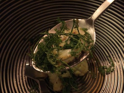 Grilled squid, filled with cha-om coriander, passionfruit