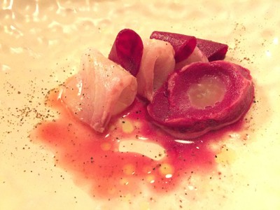 Raw Phuket cobia & sour tangerine beet, Szechuan pepper