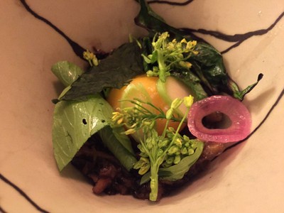 Wild mushrooms & duck yolk brassicas, Thai truffle