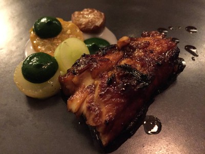 Meklong catfish, caramelized with tamarind eggplant, grape, coconut