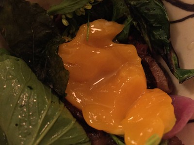 Wild mushrooms & duck yolk brassicas, Thai truffle