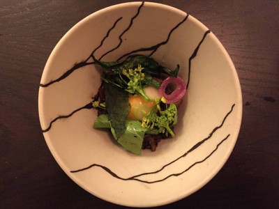 Wild mushrooms & duck yolk brassicas, Thai truffle