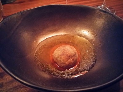 Banana flower dumpling, tomato fennel, split peas