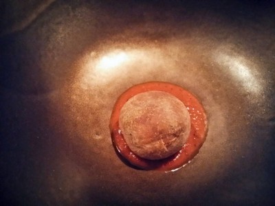 Banana flower dumpling, tomato fennel, split peas