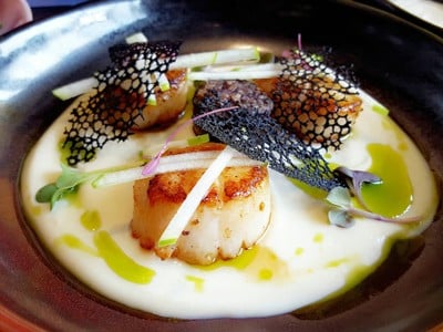 Pan roasted scallop, cauliflower puree, morcilla, green apple