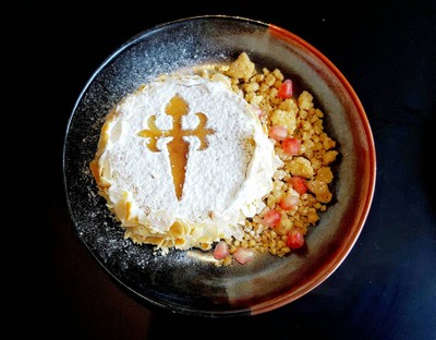 Almond Torte Pommegrenate Cream