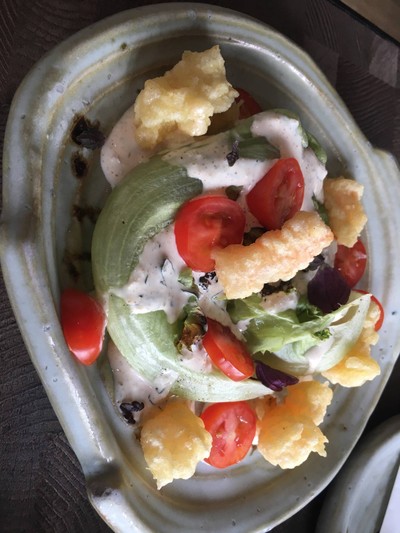 Grilled Lettuce Salad with Shrimp Tempura