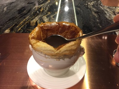 Lobster bisque puff soup with truffle and lobster tail