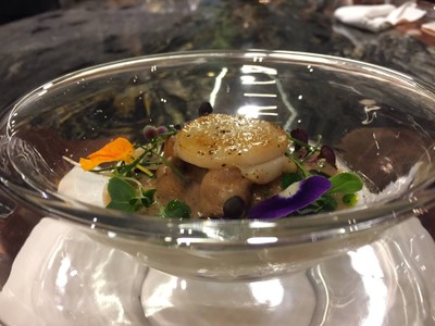 Foie gras mousse with seared Hokkaido scallop, wild mushroom and wild mushroom foam