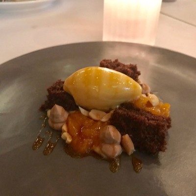 Chocolate Sponge , Apricot Compete, Milk Chocolate Cream & Peanut