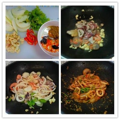 วิธีทำ กุ้งปลาหมึกผัดผงกระหรี่ วิธีทำ กุ้งปลาหมึกผัดผงกระหรี่