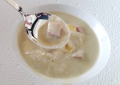 Yellow Endive Velvet Cream Soup, Parisian Ham and Beaufort Foam