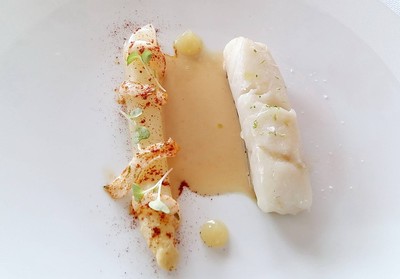 Roasted Line Caught Pollack, White Asparagus,  Coconut and Smoked Chilli