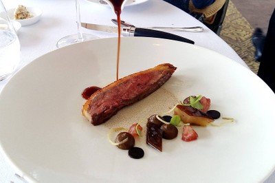 Roasted Barbarie duck, eggplant, grapefruit and black garlic