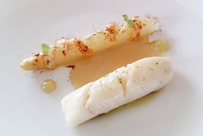 Roasted Line Caught Pollack, White Asparagus,  Coconut and Smoked Chilli