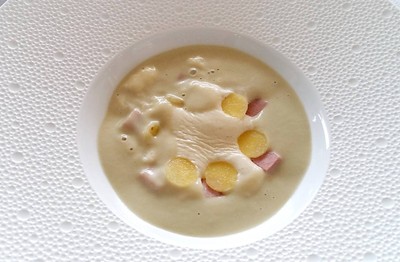 Yellow Endive Velvet Cream Soup, Parisian Ham and Beaufort Foam
