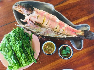 ปลาช่อนเผา สะเดาน้ำปลาหวาน 320.-