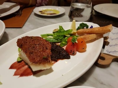 Roasted Snow Fish With Chorizo, Walnut, And Red Pepper Relish