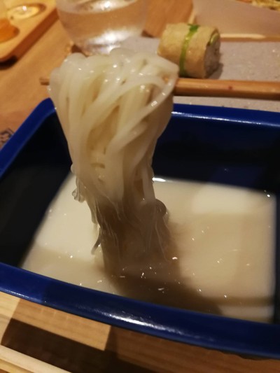 Somen in Signature Mihara’s Tofu Milk Dashi with Sakura Schrimp Tempura and Inari Sushi of Lotus Stem