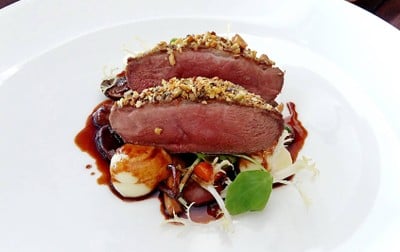 Roasted Barbarie Duck Pistachio, Buttered May Queen Potato Puree, Sauteed Champignon, Apicius Sauce