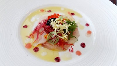 Kagoshima Young Yellowtail Carpaccio, Salmon Roe, Pink Grapefruit, Lemon, Oba Leaf Gelee, Yuzu Citrus