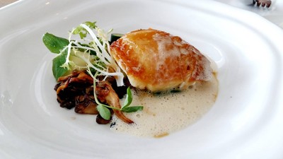 Snow Fish Mushroom Ragout, Baby Spinach, Noilly Prat Veloute