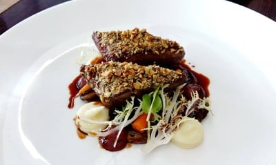 Roasted Barbarie Duck Pistachio, Buttered May Queen Potato Puree, Sauteed Champignon, Apicius Sauce