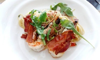 Pastis-Infuced Tiger Prawn Flambee Angel Hair, Pancetta, Garlic