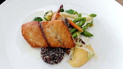 Slow-Cooked Catch of the Day with Black Quinoa, Royal Project’s Carrot Puree, Hollandaise Sauce and Lemon Oil