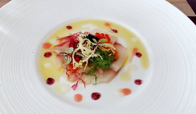 Kagoshima Young Yellowtail Carpaccio, Salmon Roe, Pink Grapefruit, Lemon, Oba Leaf Gelee, Yuzu Citrus