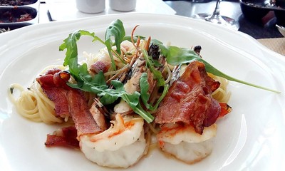 Pastis-Infuced Tiger Prawn Flambee Angel Hair, Pancetta, Garlic