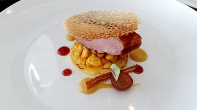 Smoked Duck Breast, Piemond Polenta, Corn Kernel Coulis, Grape Compote in Red Wine