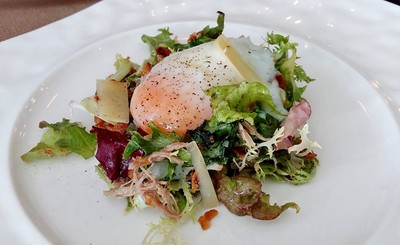LA VIE Salad, Warm Confit Duck Leg, Frisee, 64 - Degree Egg, Lardons